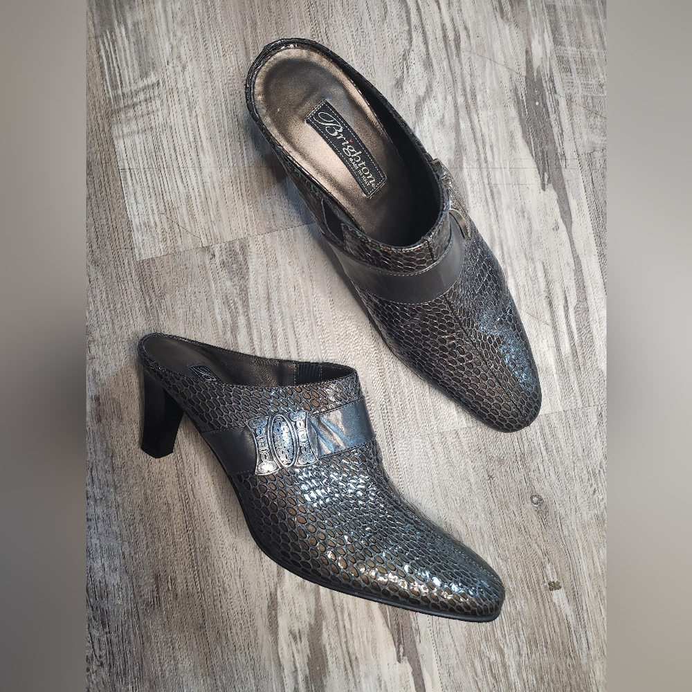 Brighton Rhyme Metallic Textured Snake Print Italian Made Leather Slip On Heels